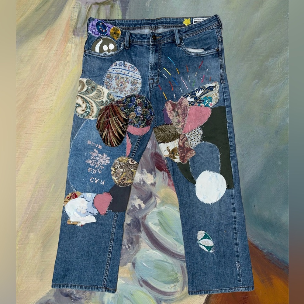 Custom cut and sewn patchwork denim